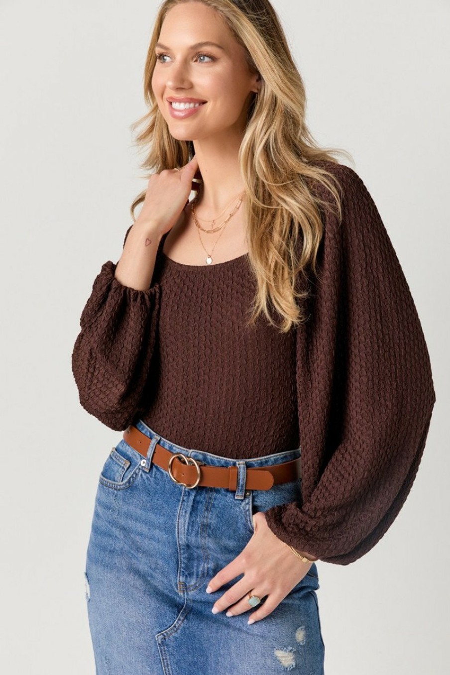 Francesca's Vickie Textured Square Neck Bodysuit Brown Tops