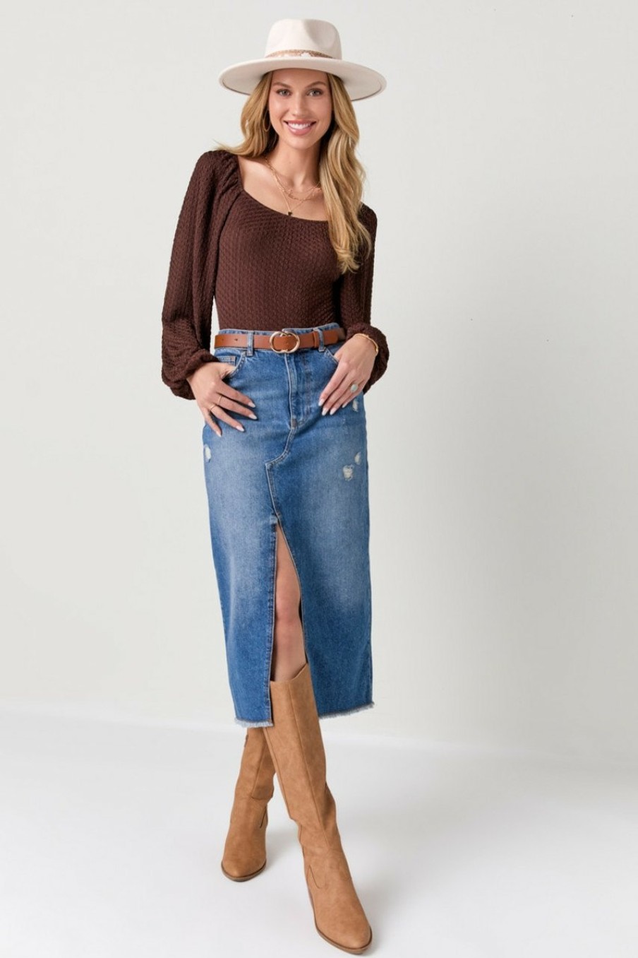 Francesca's Vickie Textured Square Neck Bodysuit Brown Tops