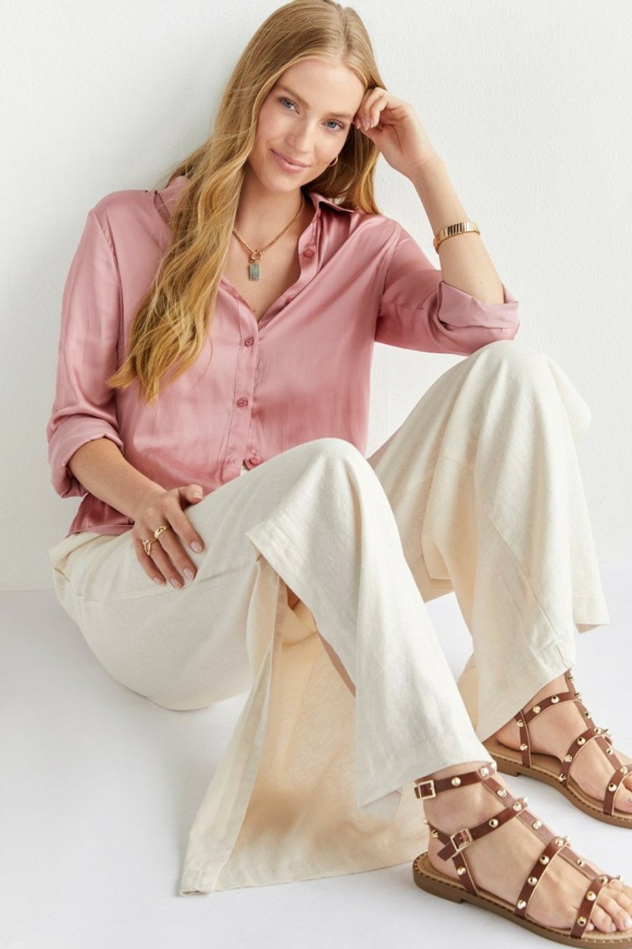 Francesca's Kloie Satin Button Down Blouse Tops