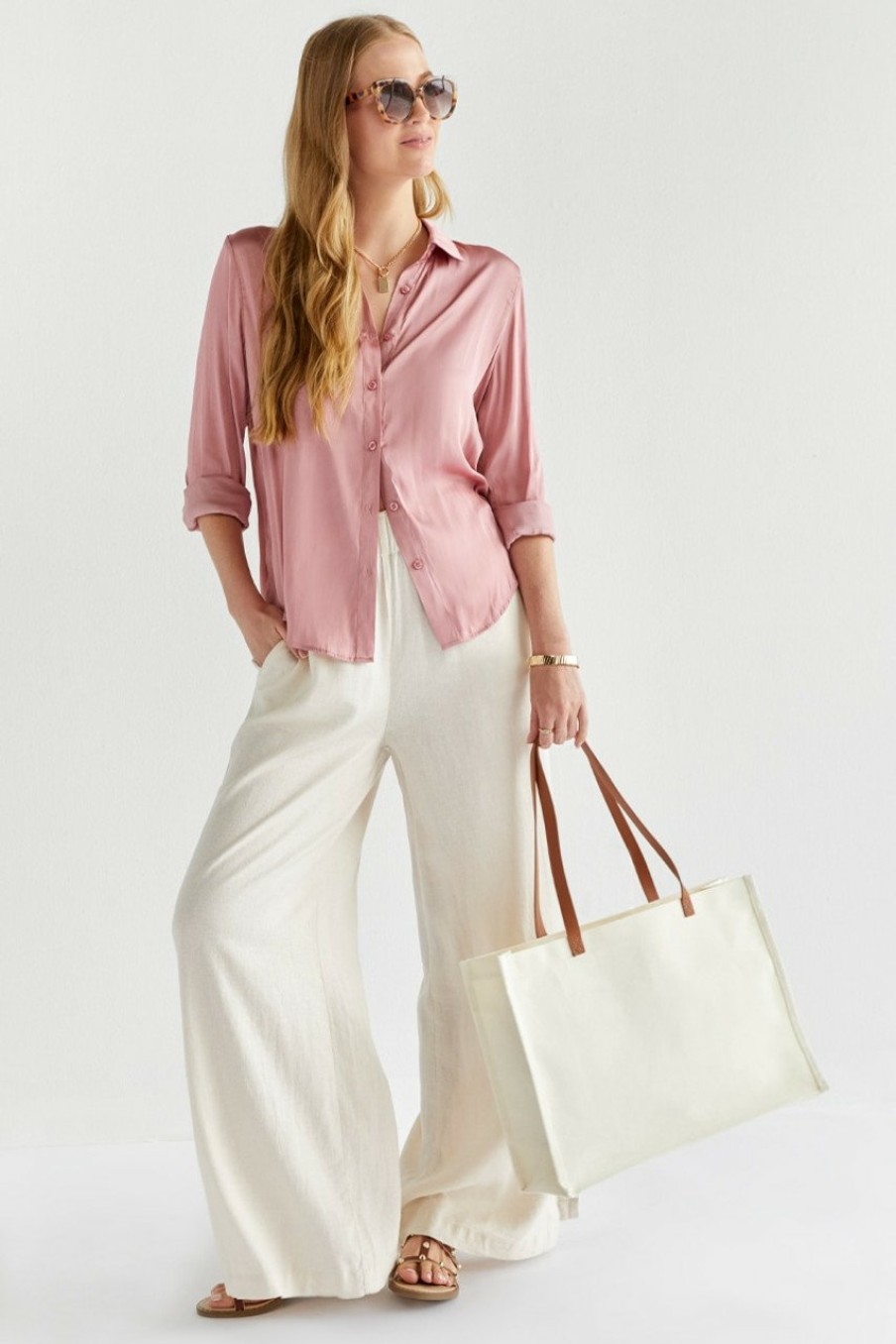 Francesca's Kloie Satin Button Down Blouse Tops