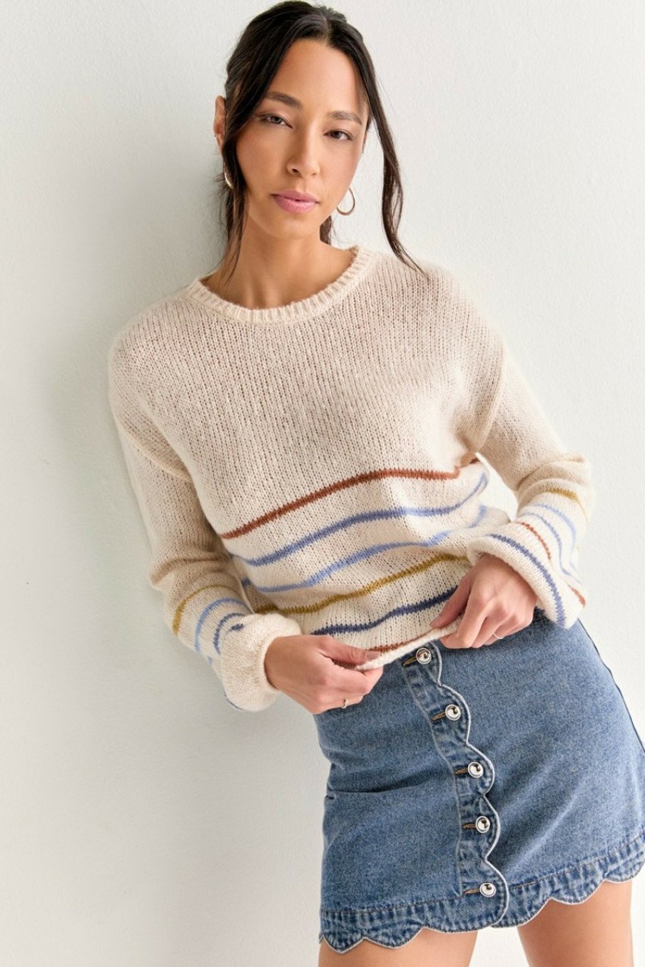 Francesca's Renly Striped Sweater Cream Tops