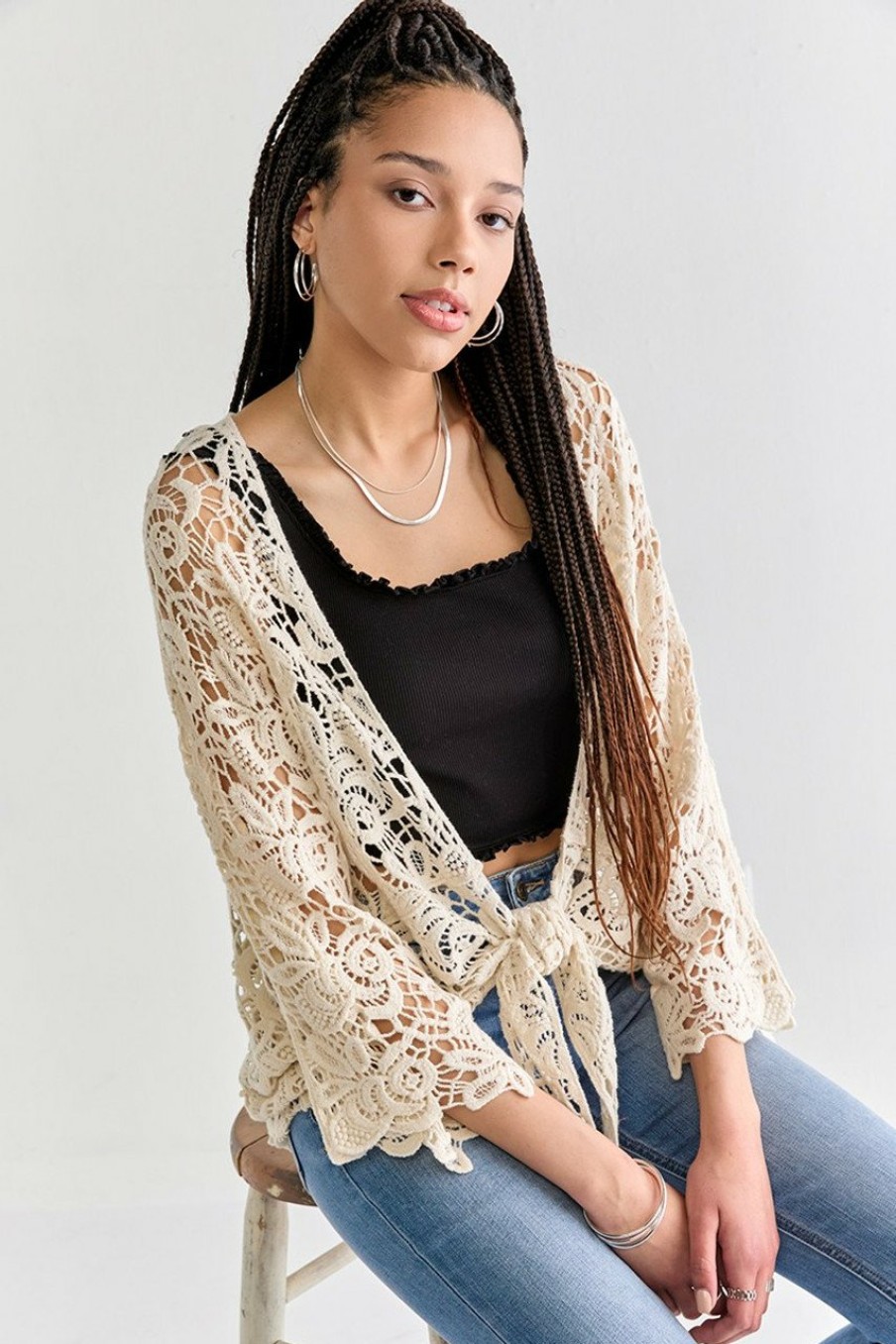 Francesca's Jessamine Tie Front Crochet Kimono Taupe Tops