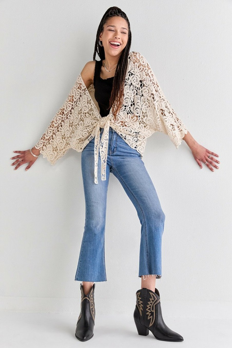 Francesca's Jessamine Tie Front Crochet Kimono Taupe Tops