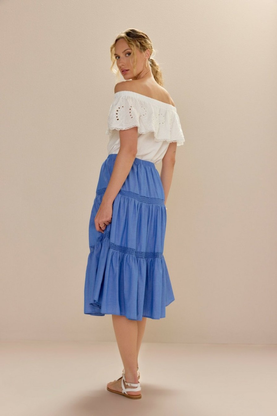 Francesca's Dora Crochet Detail Midi Skirt Chambray Skirts