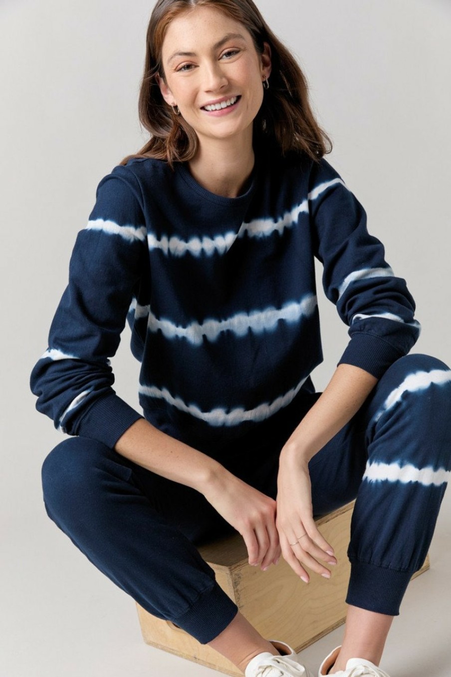 Francesca's Destiny Tie Dye Striped Sweatshirt Navy Tops