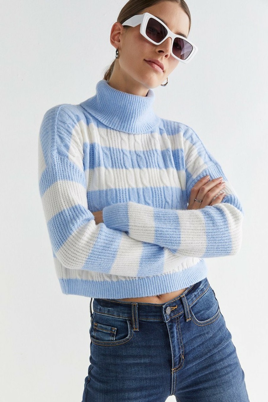 Francesca's Janae Striped Turtleneck Pullover Blue Tops