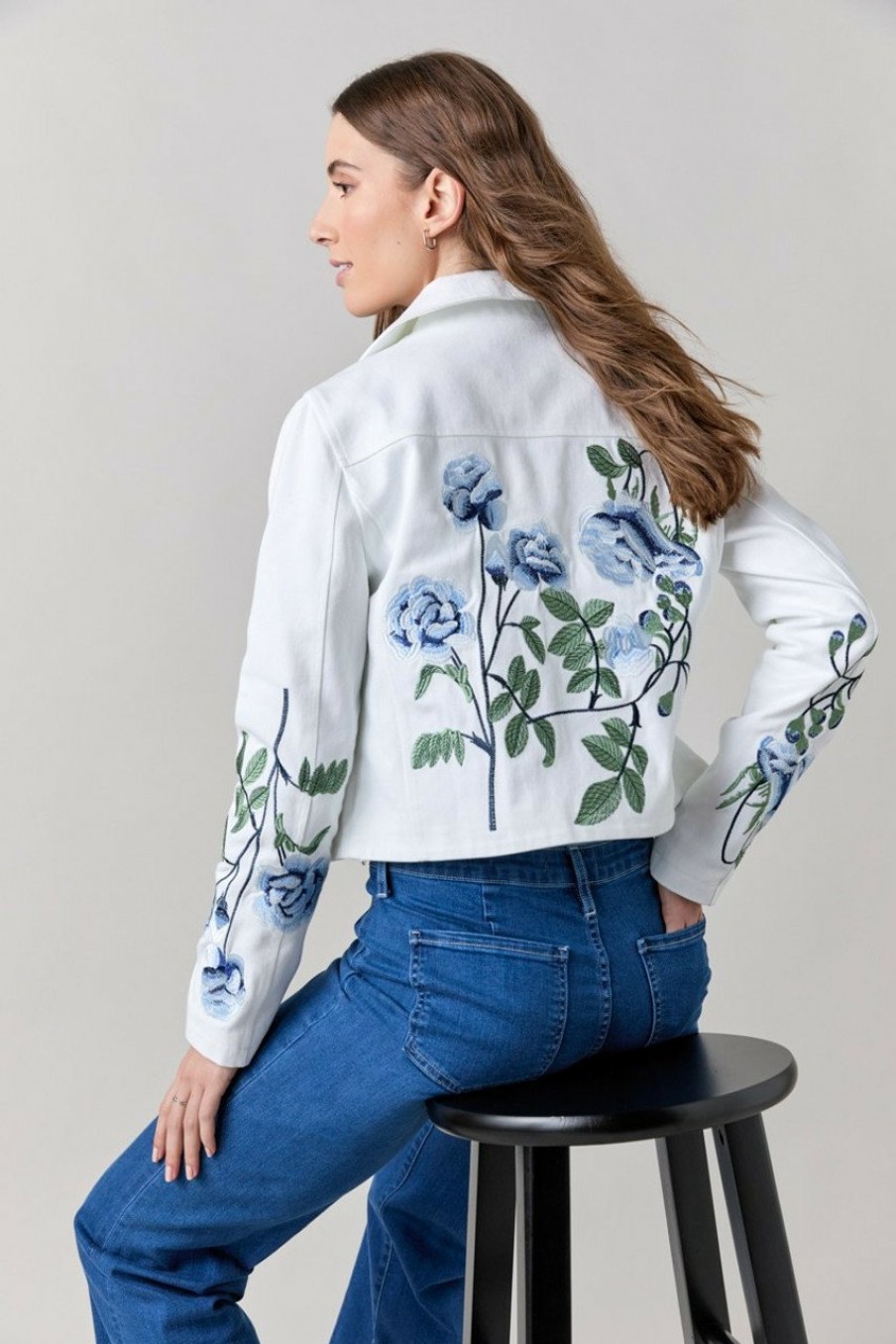 Francesca's Cassidy Embroidered Denim Jacket White Jackets