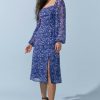 Francesca's Melinda Square Neck Slit Midi Dress Navy Dresses