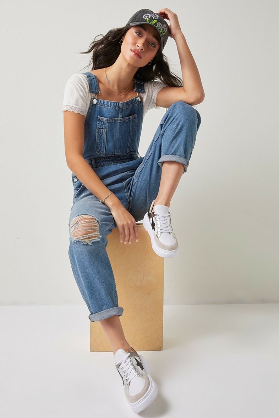 Francesca's Dorine Destructed Overalls Medium Jeans