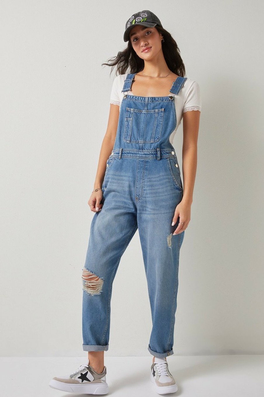 Francesca's Dorine Destructed Overalls Medium Jeans