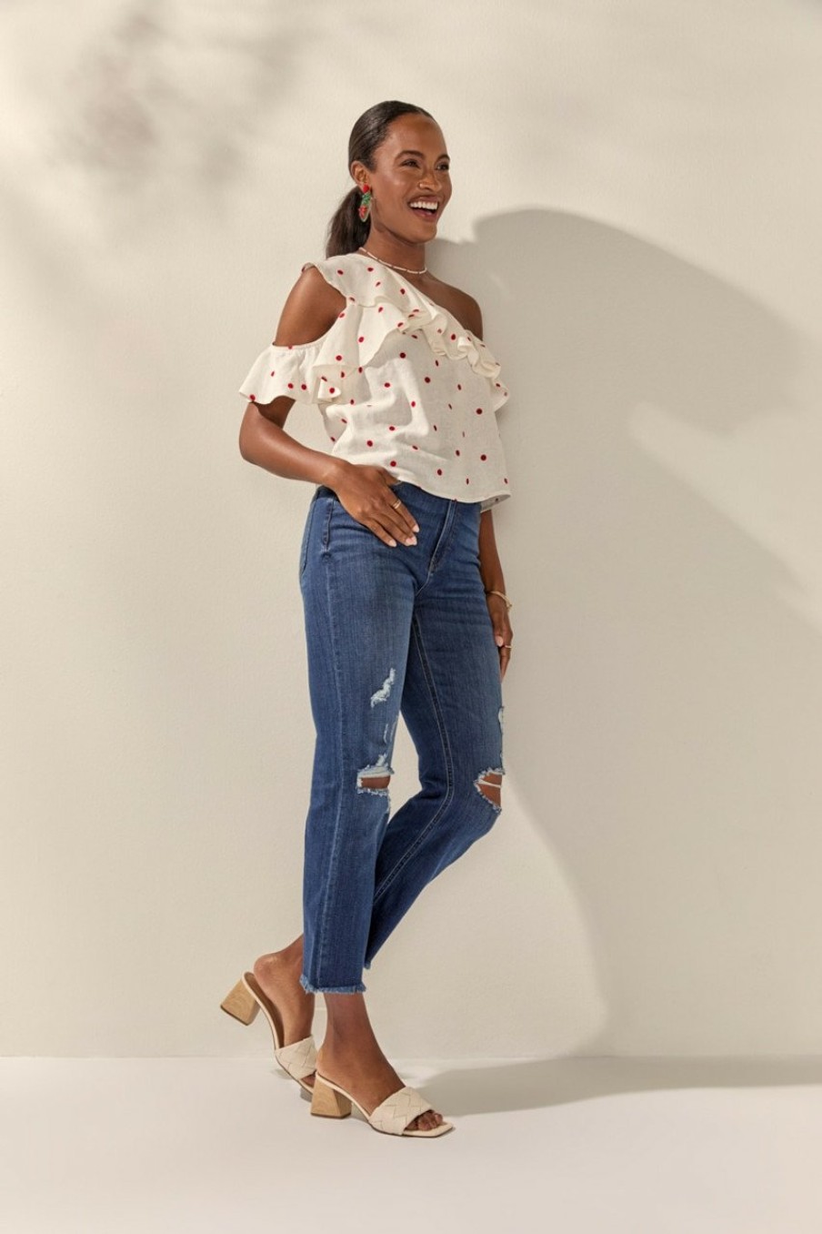 Francesca's Piper Cold Shoulder Polka Dot Blouse White Tops