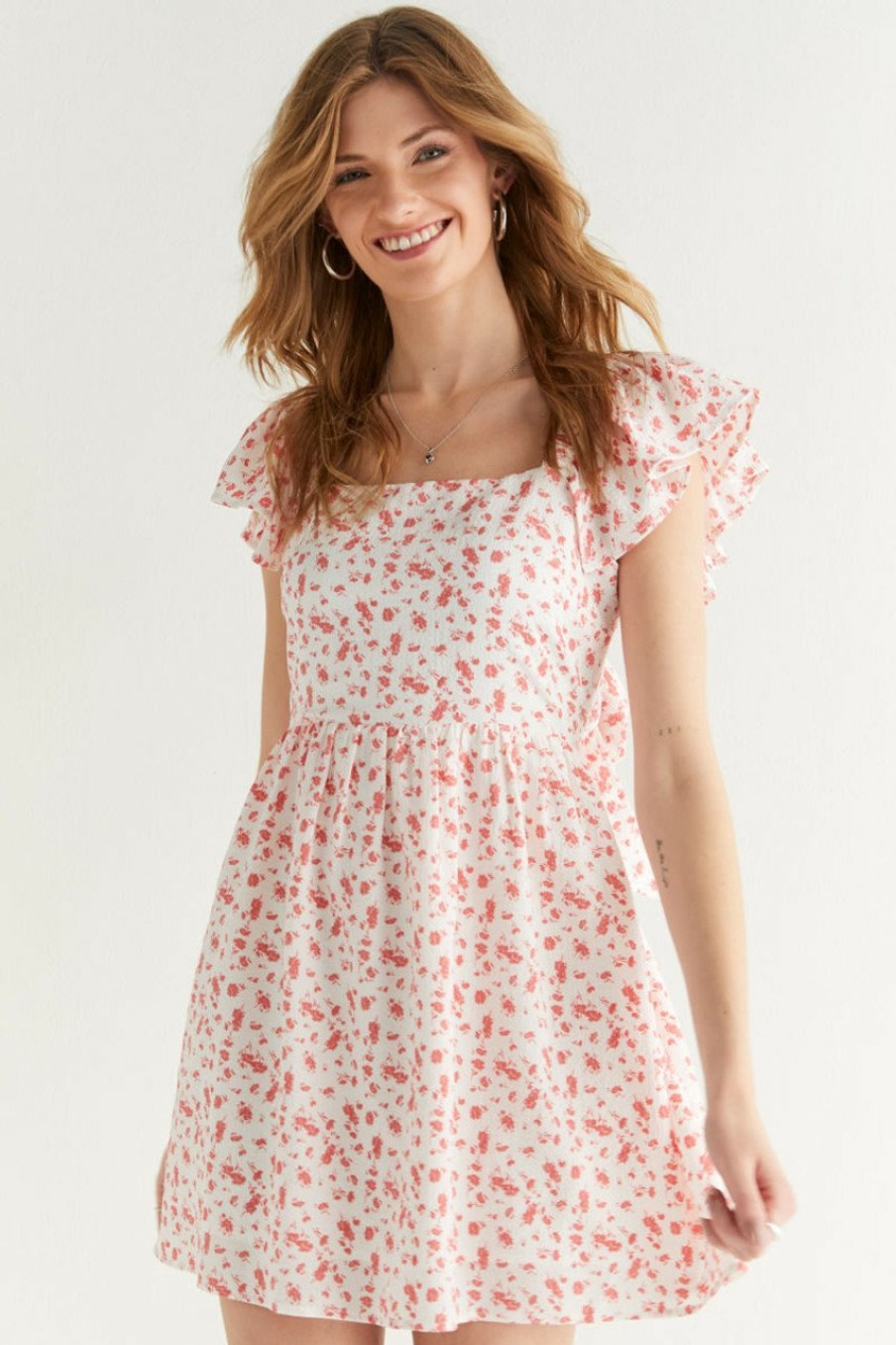 Francesca's Lorin Floral Waisted Dress White Dresses