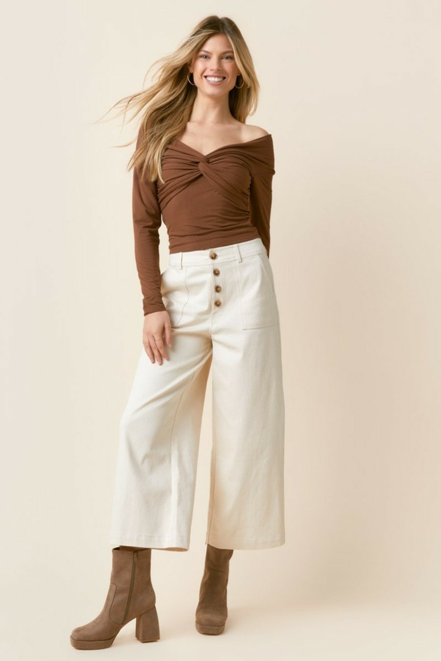 Francesca's Belinda Front Button Cullote Pants Beige Pants