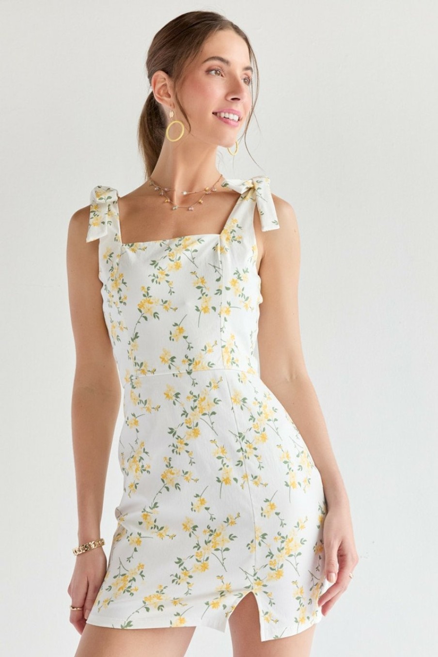 Francesca's Nichole Yellow Floral Print Waist Dress White Dresses