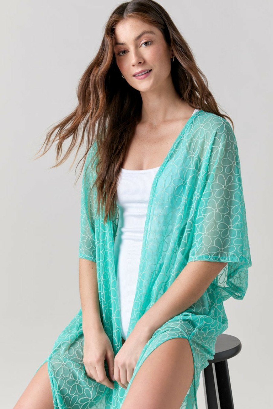 Francesca's Kristi Floral Embroidered Mesh Cover Up Swim Cover Ups