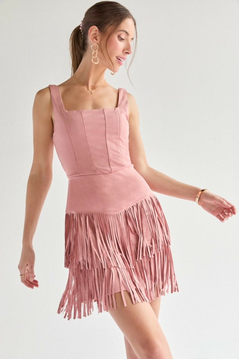 Francesca's Tasha Corset Fringe Waisted Mini Dress Mauve Dresses