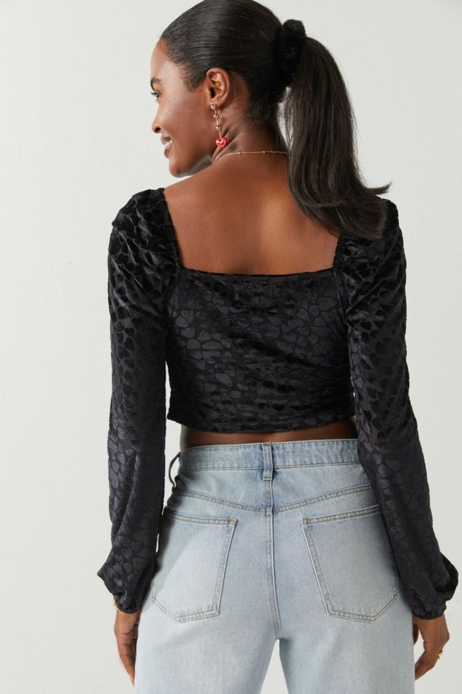 Francesca's Irene Heart Burnout Velvet Top Black Tops