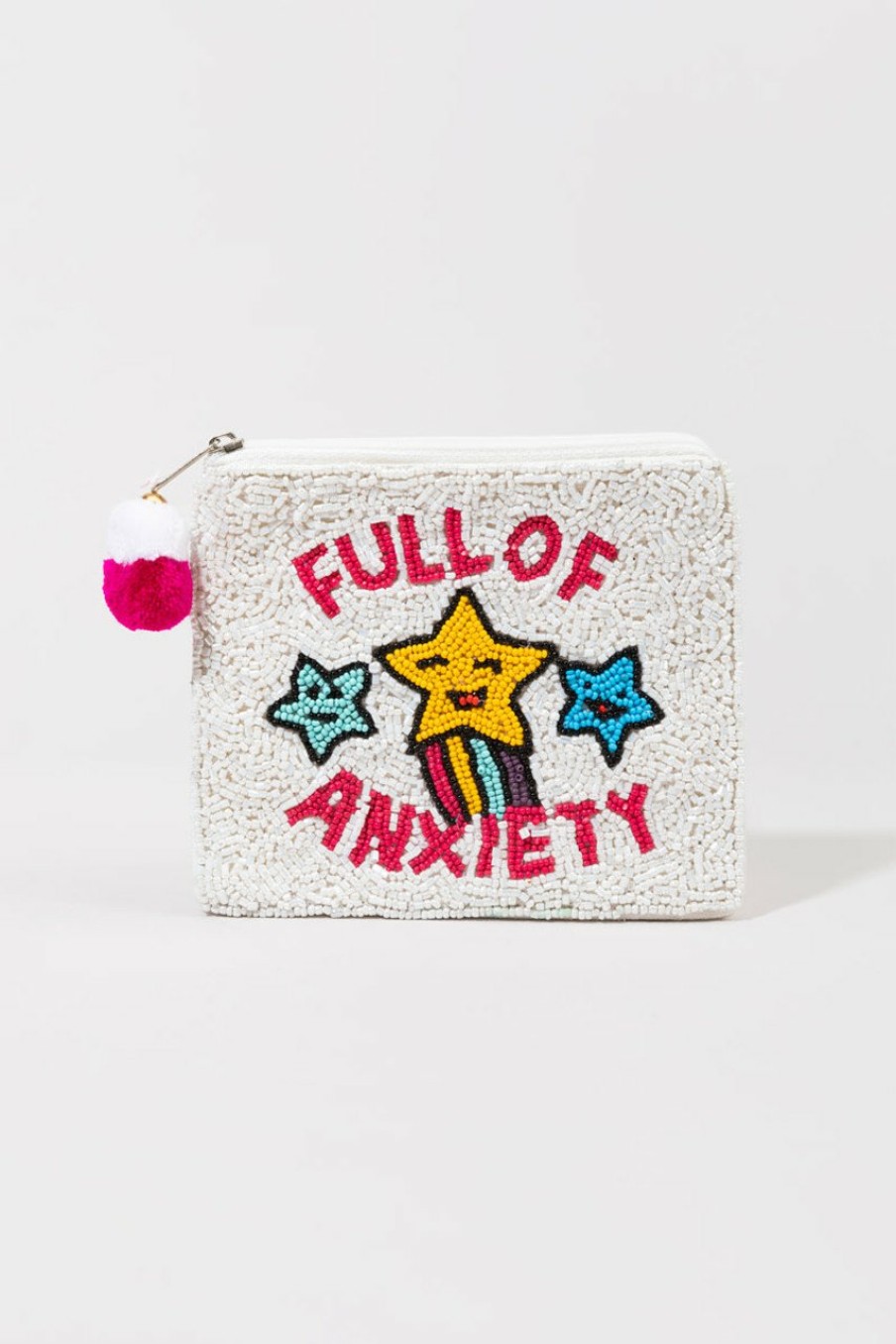 Francesca's Full Of Anxiety Beaded Pouch White Bags & Wallets