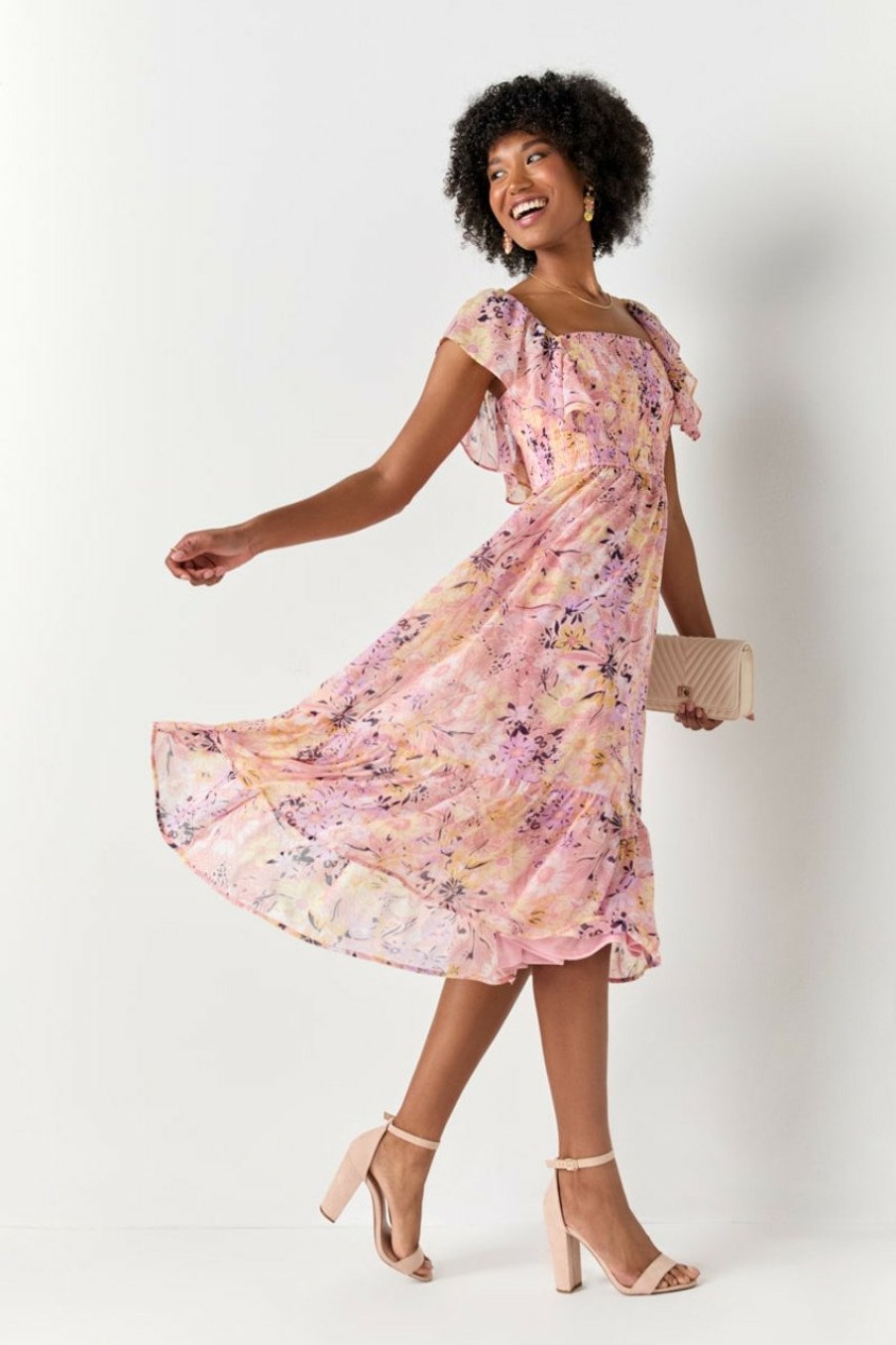 Francesca's Jessa Abstract Print Midi Dress Pink Dresses