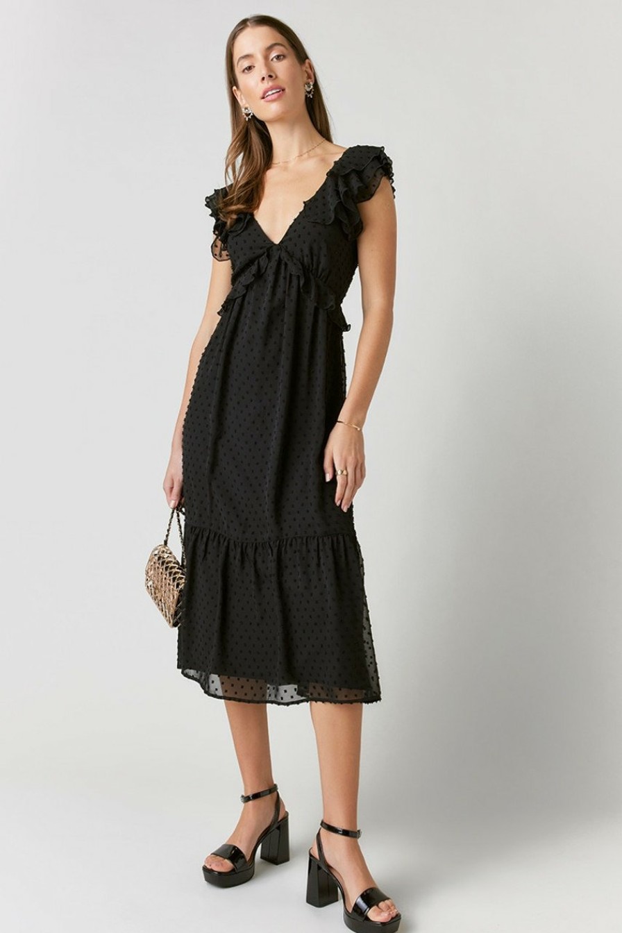 Francesca's Chrystal Ruffle Strap Clipdot Midi Dress Black Dresses