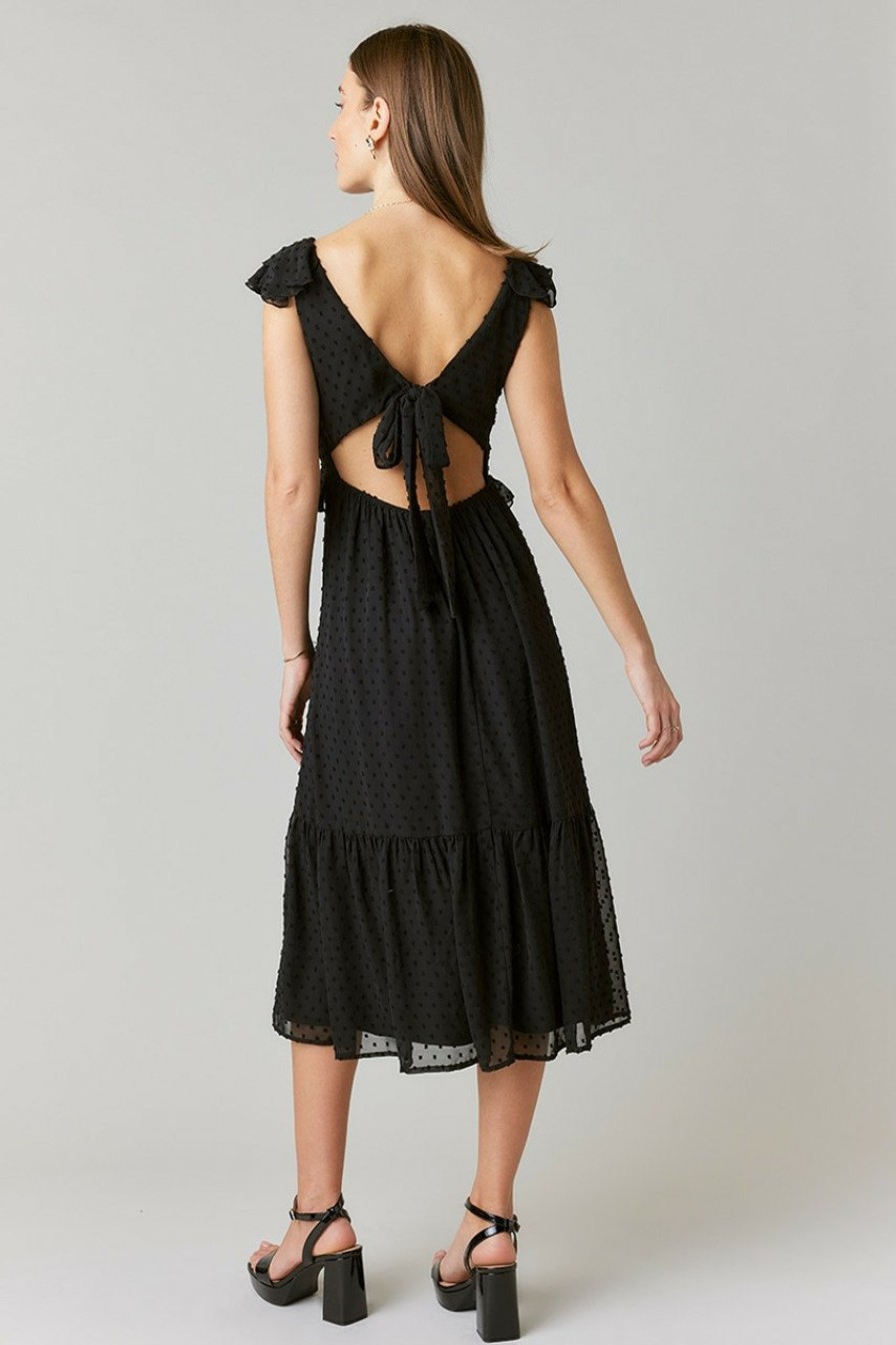 Francesca's Chrystal Ruffle Strap Clipdot Midi Dress Black Dresses