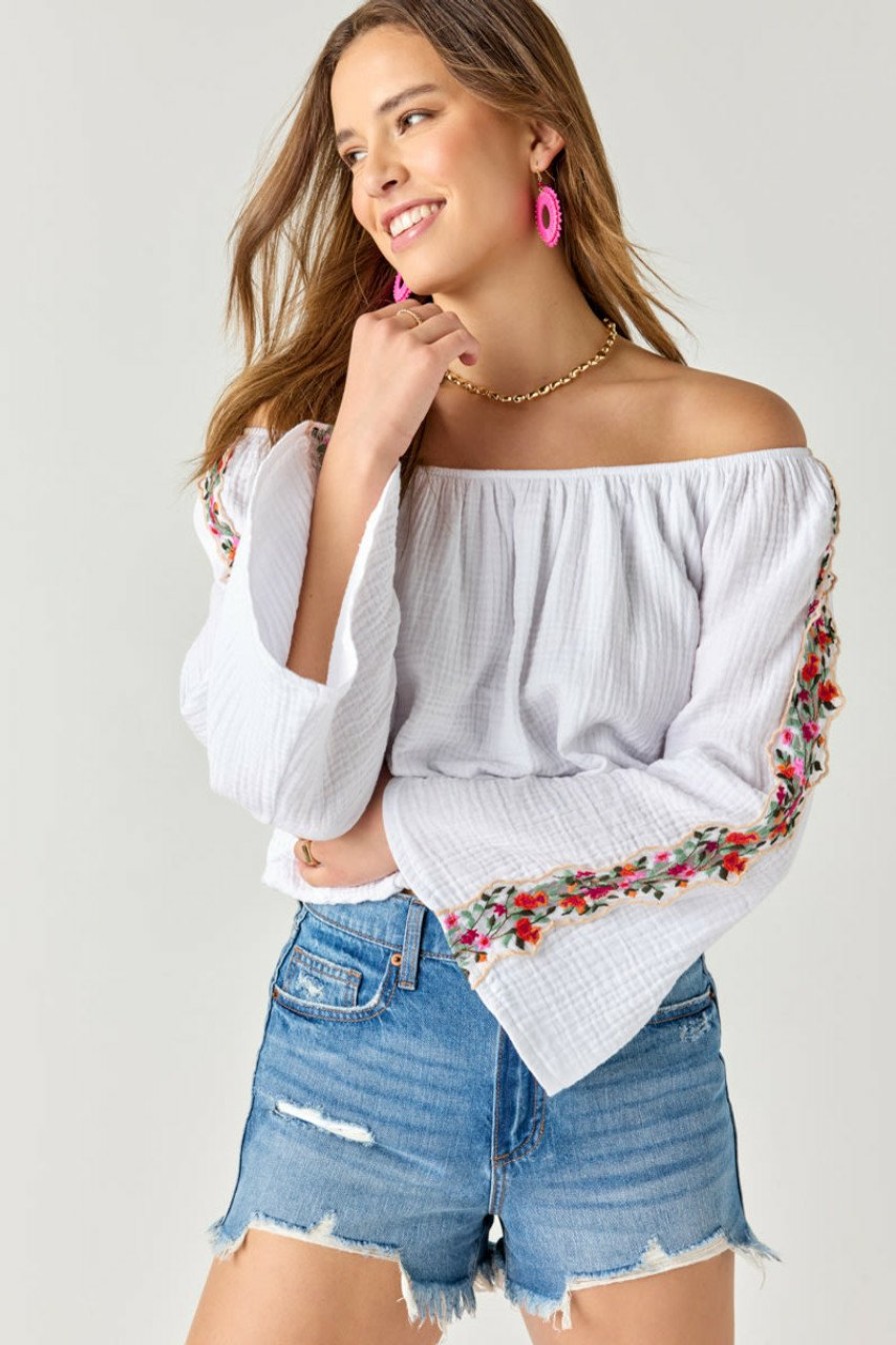 Francesca's Anita Off The Shoulder Flower Embellished Blouse White Tops