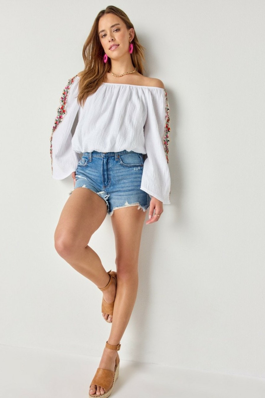 Francesca's Anita Off The Shoulder Flower Embellished Blouse White Tops