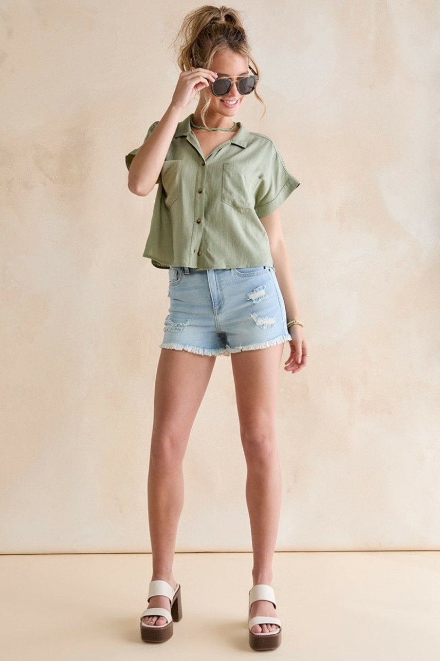 Francesca's Amora Wash Denim Shorts Lite Shorts