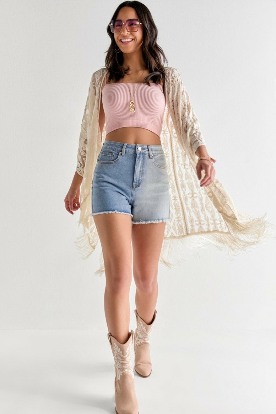 Francesca's Cora Aztec Lace Tassel Kimono Taupe Tops