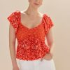 Francesca's Mandy Border Print Crochet Trim Blouse Red Tops