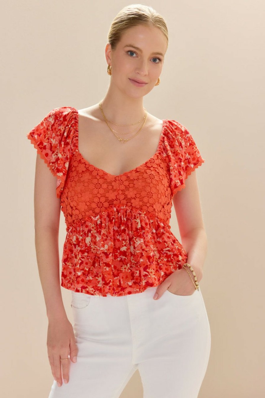 Francesca's Mandy Border Print Crochet Trim Blouse Red Tops