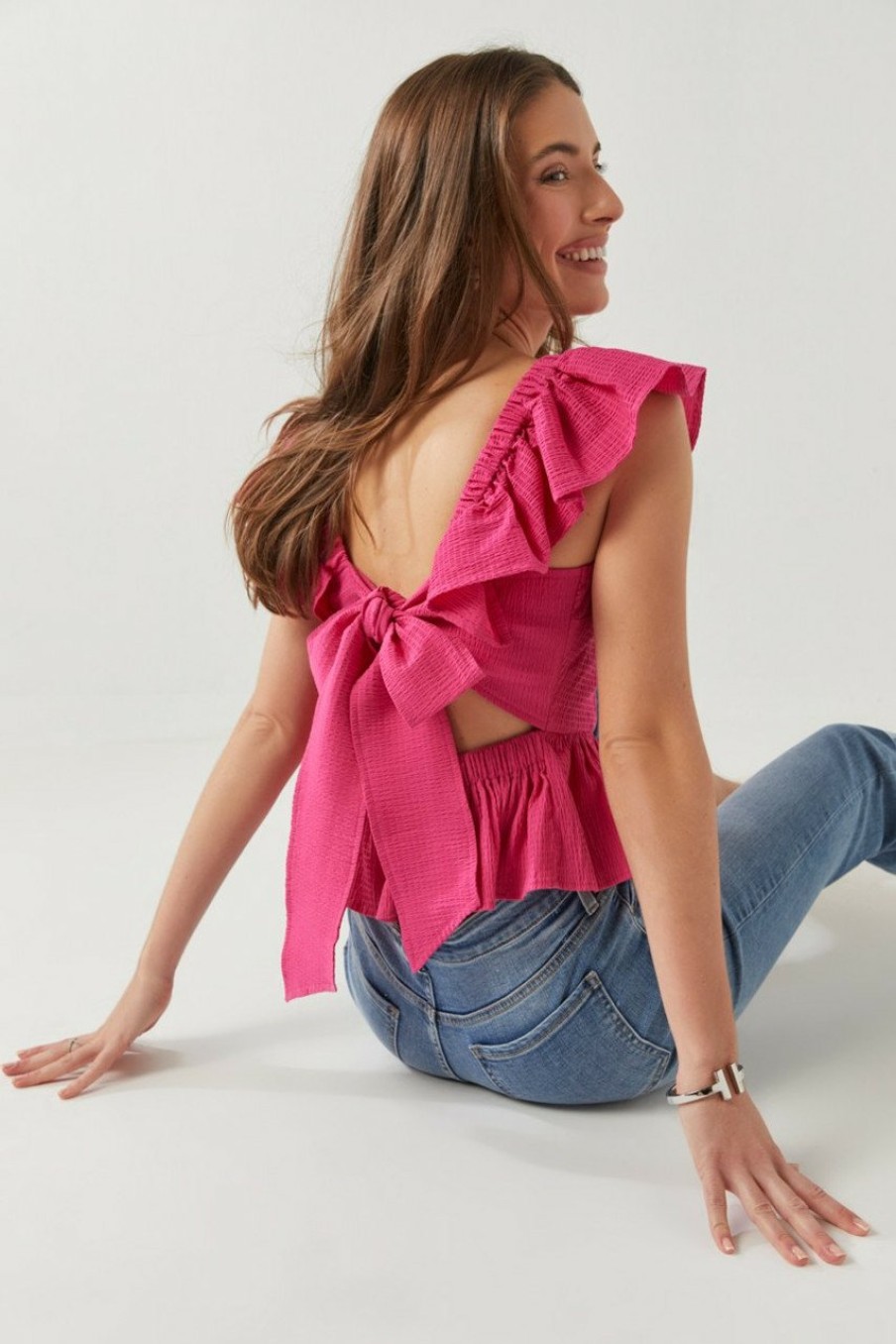 Francesca's Bella Ruffle Sleeve Bow Back Blouse Tops