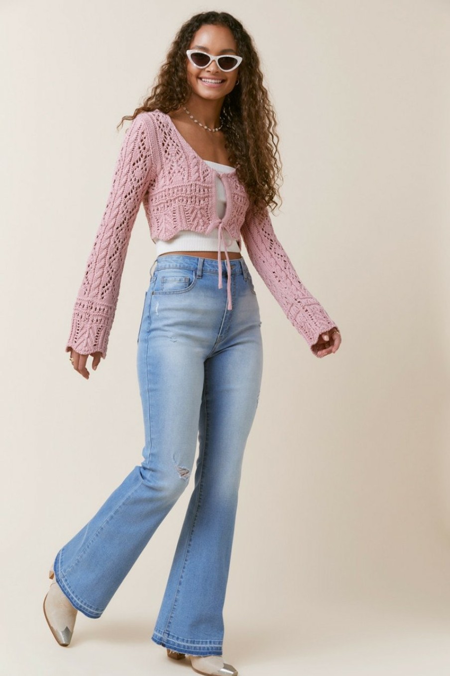 Francesca's Marla Keyhole Crochet Cropped Cardigan Tops