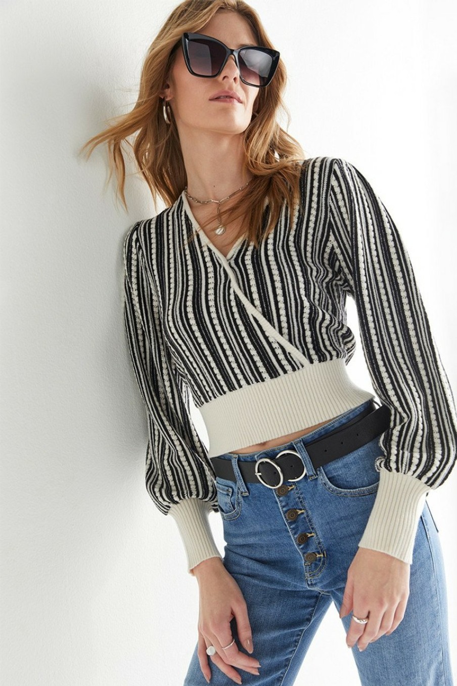 Francesca's Felicia Front Wrap Stripped Pullover Black And White Tops