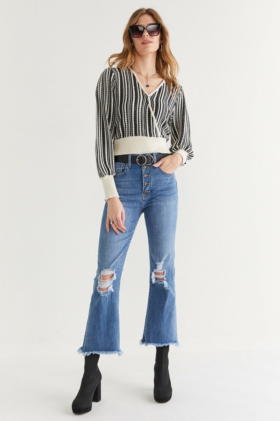 Francesca's Felicia Front Wrap Stripped Pullover Black And White Tops