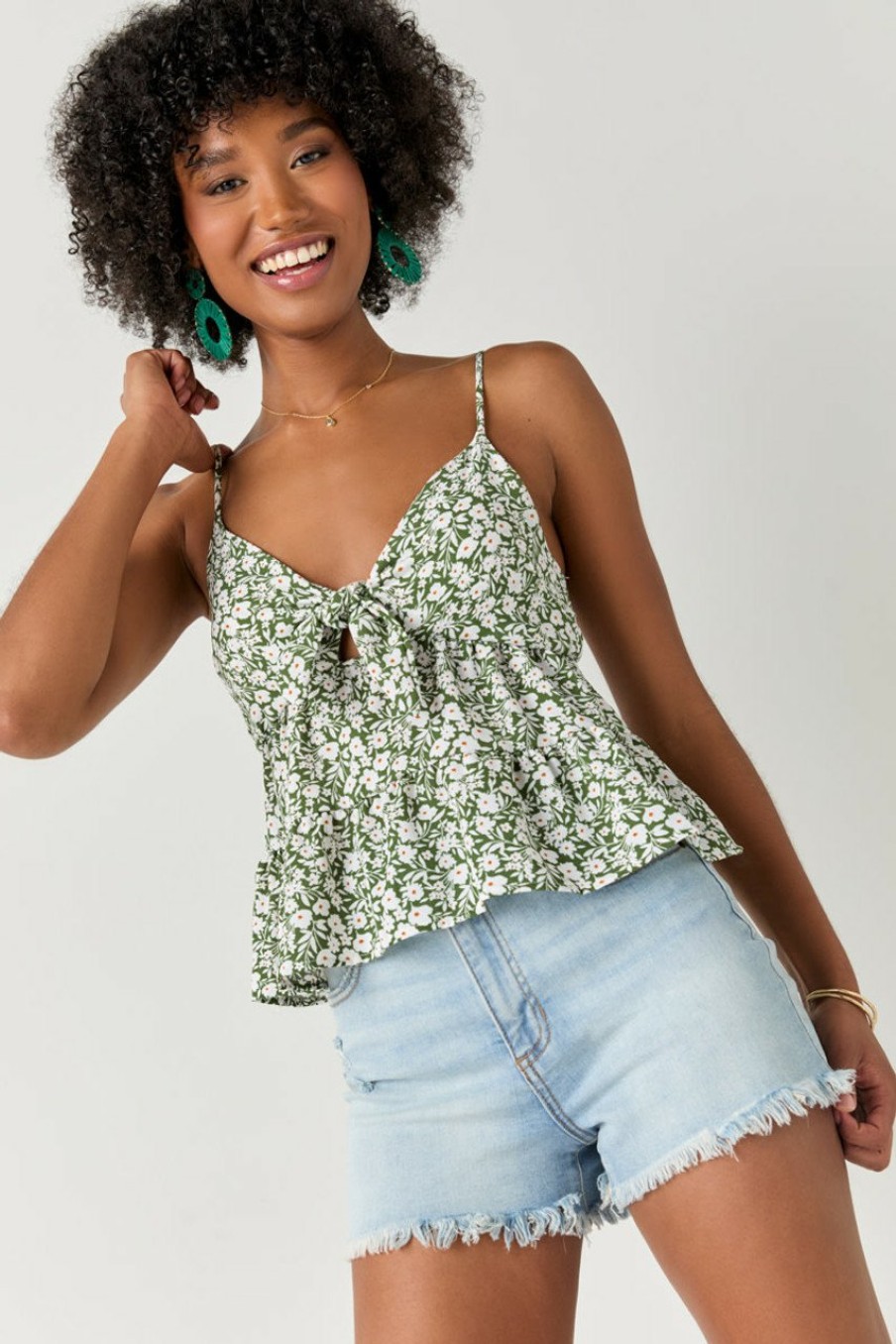 Francesca's Melisa Floral Front Bow Tank Top Green Tops