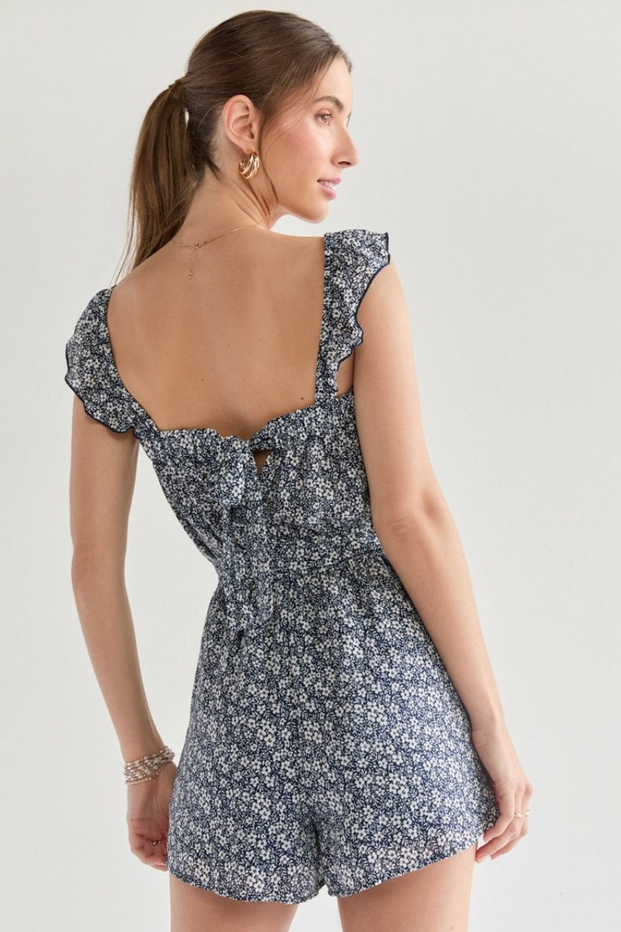 Francesca's Shari Waisted Mini Floral Romper Navy Dresses