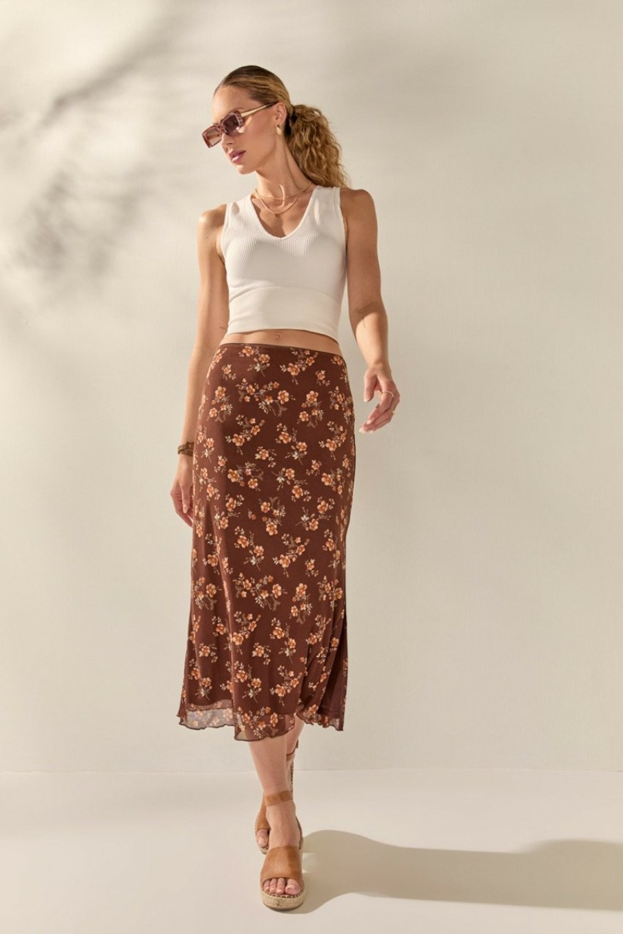 Francesca's Margo Floral Mesh Fitted Midi Skirt Brown Skirts