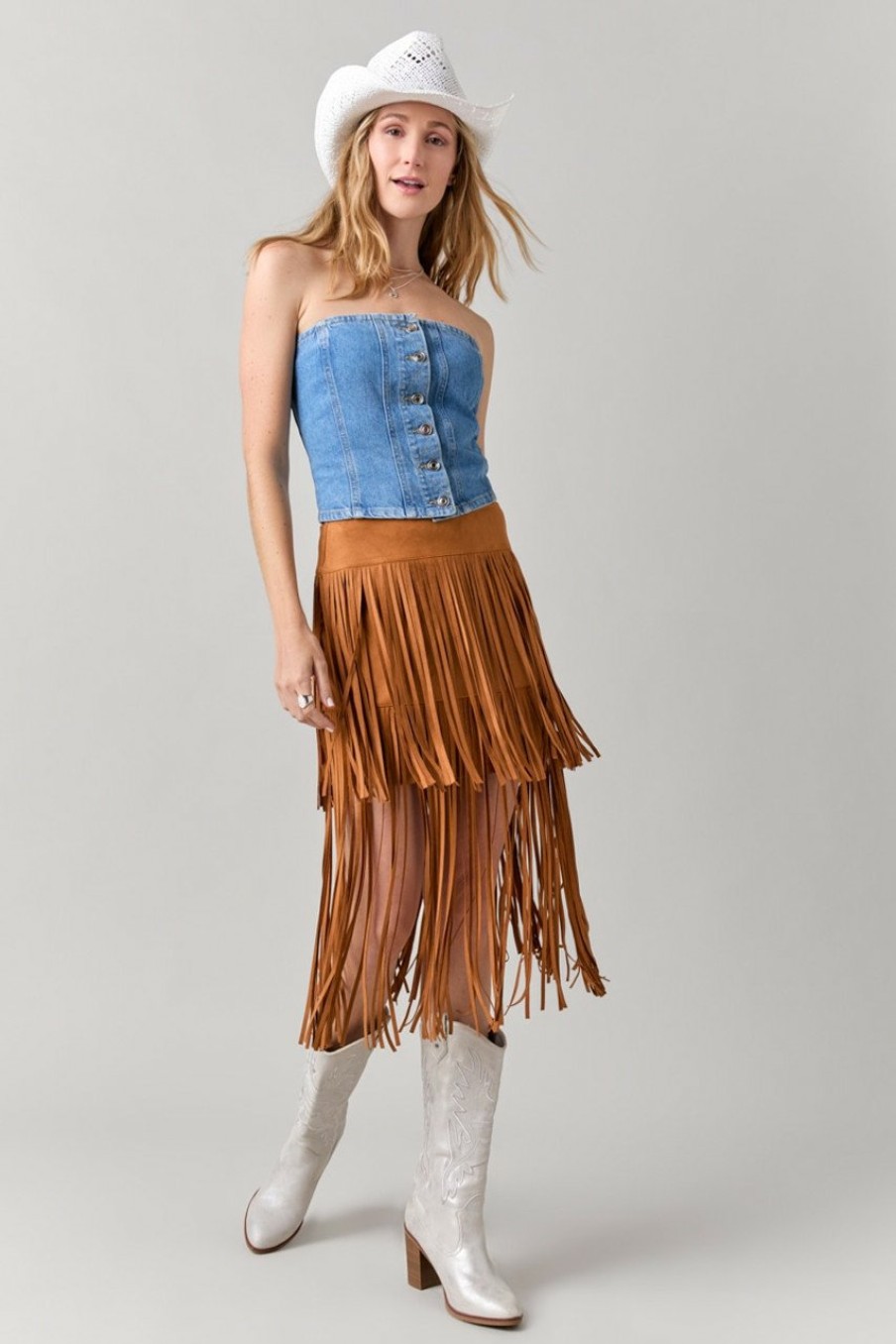 Francesca's Shelley Fringe Tiered Midi Skirt Brown Skirts