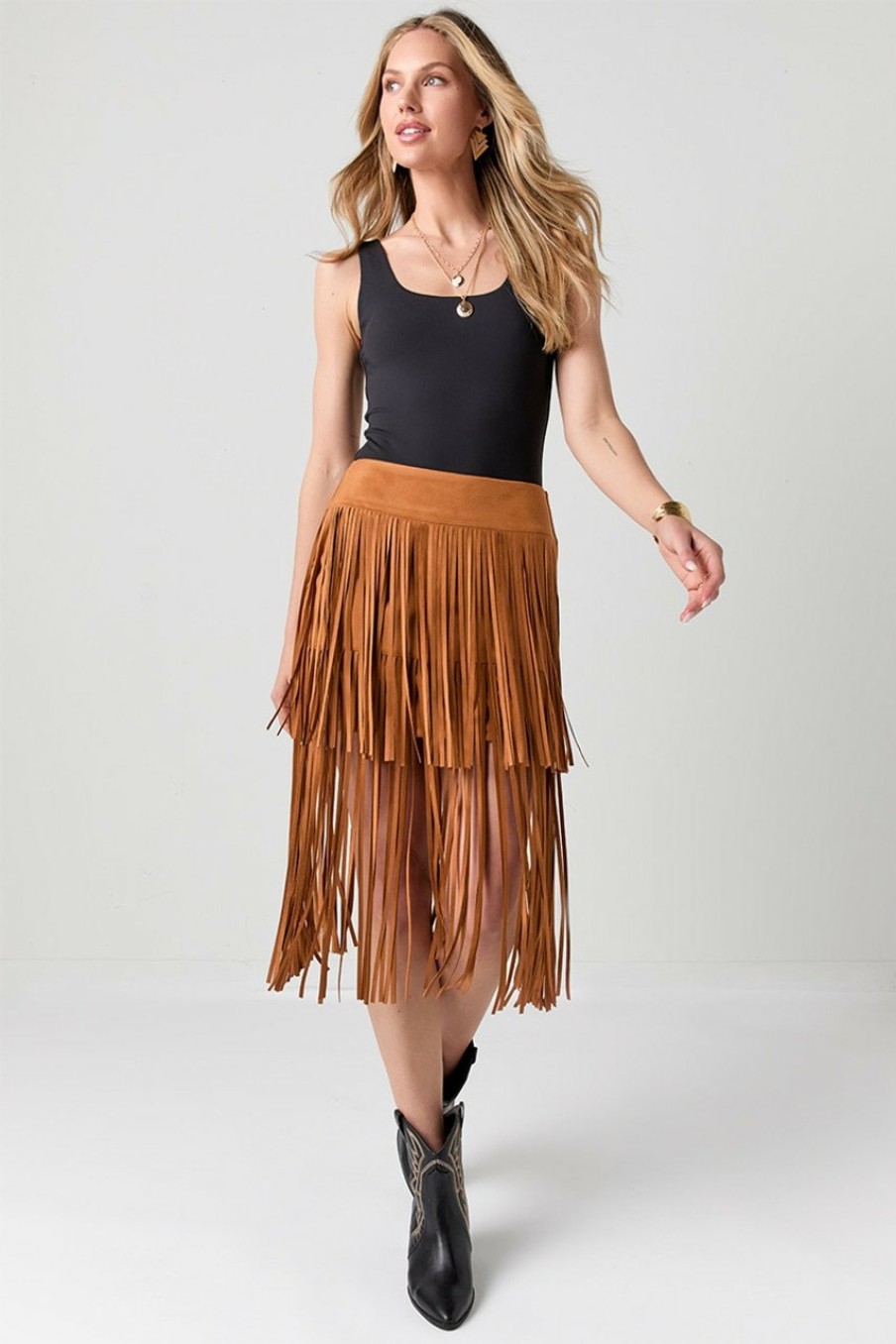 Francesca's Shelley Fringe Tiered Midi Skirt Brown Skirts