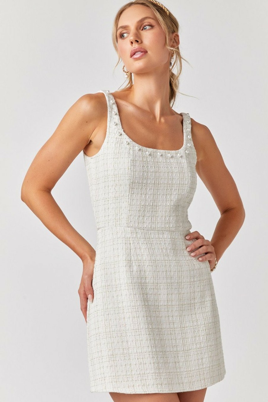 Francesca's Linda Pearl Neck Line Tweed Mini Dress White Dresses