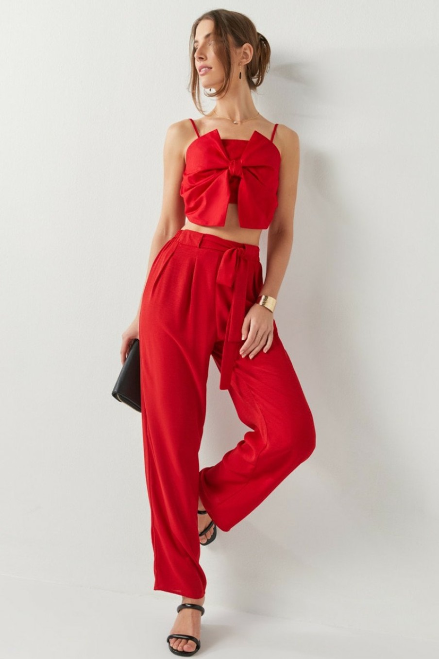 Francesca's Ingrid Woven Tie Front Fluid Pants Red Pants