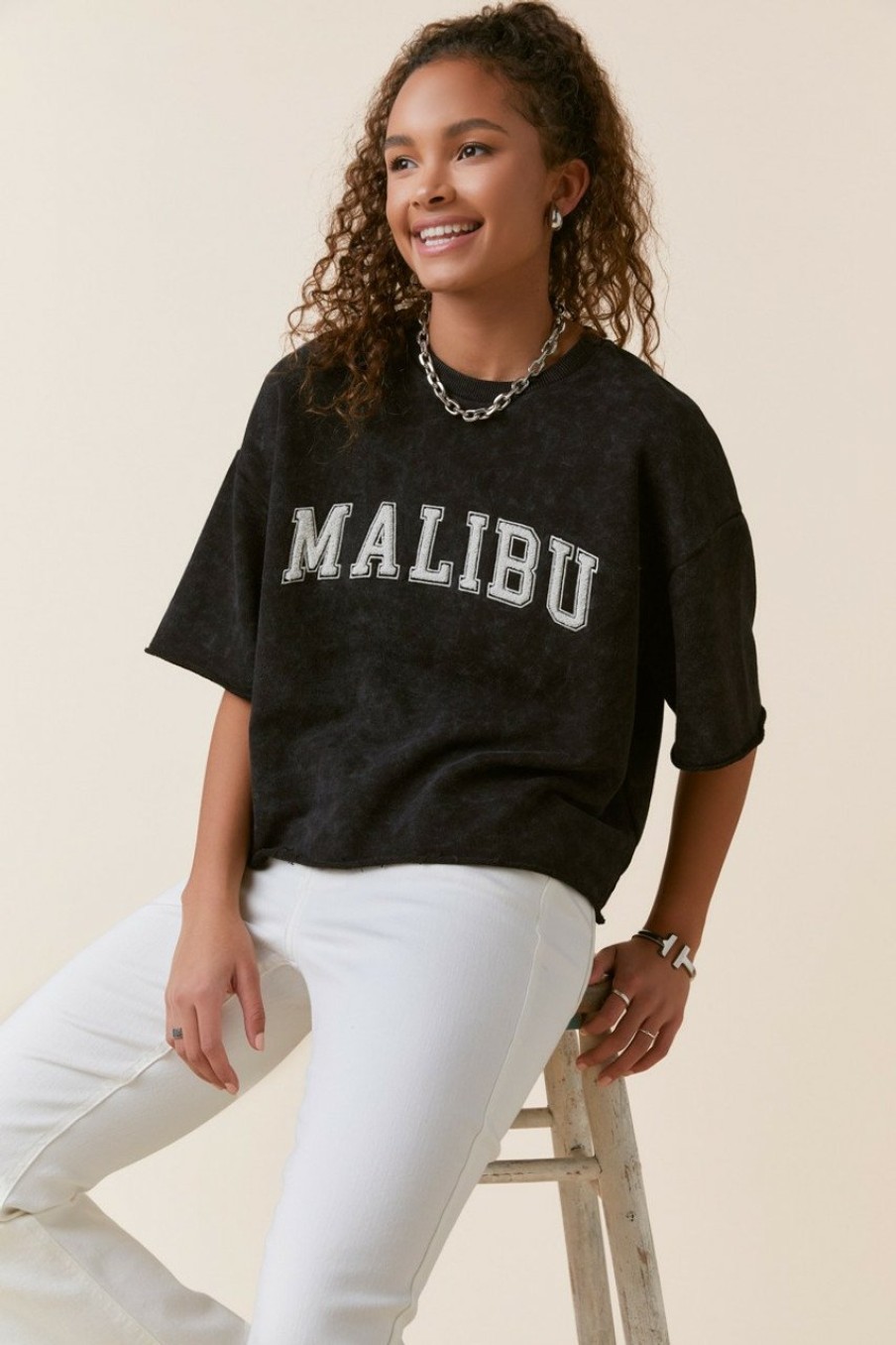 Francesca's Malibu Acid Wash Short Sleeve Sweatshirt Black Tops