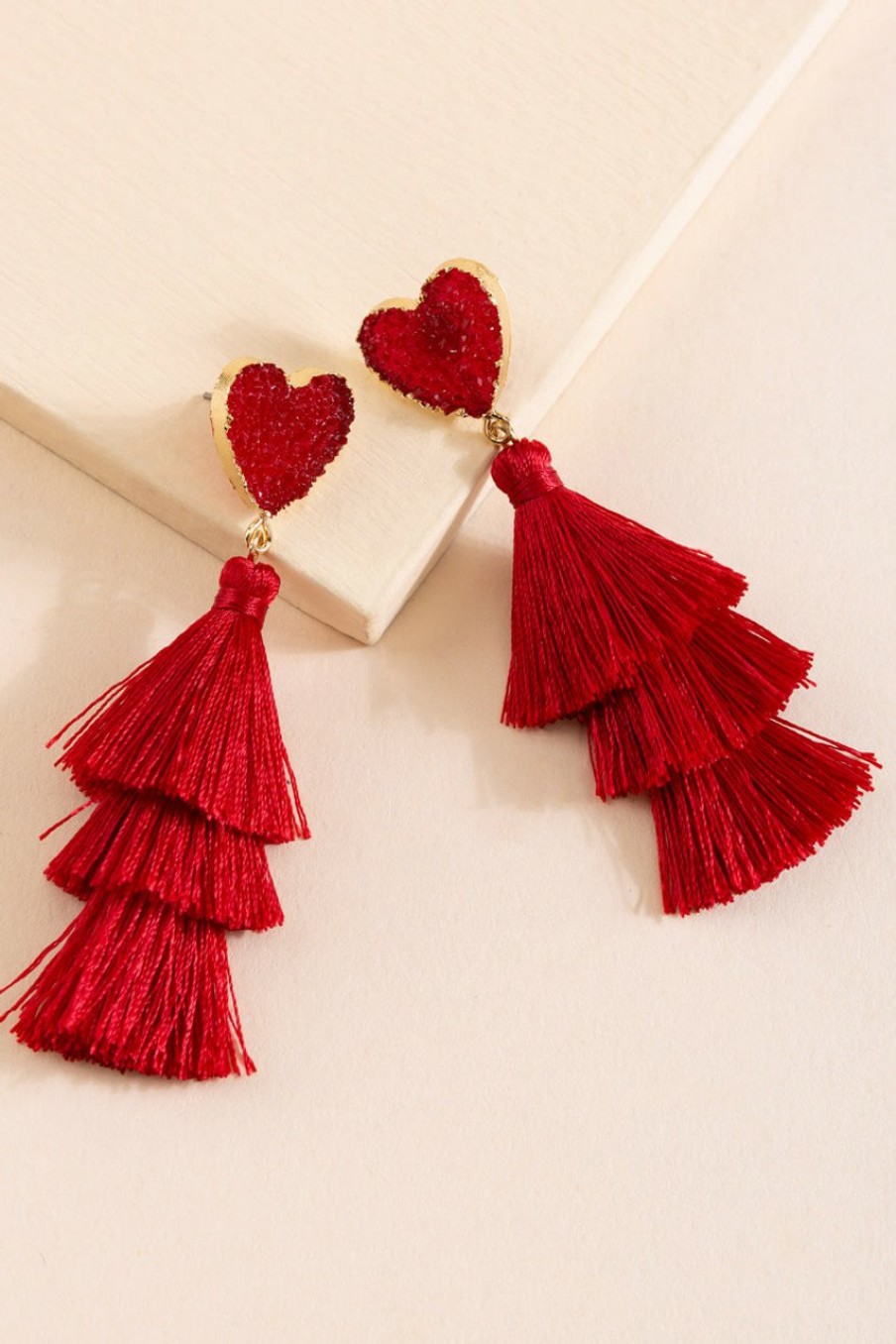 Francesca's Tove Druzy Heart Post Tassel Drop Earrings Red Earrings