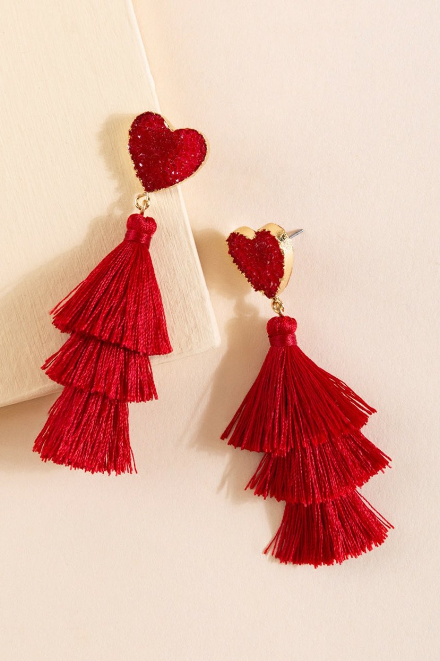 Francesca's Tove Druzy Heart Post Tassel Drop Earrings Red Earrings