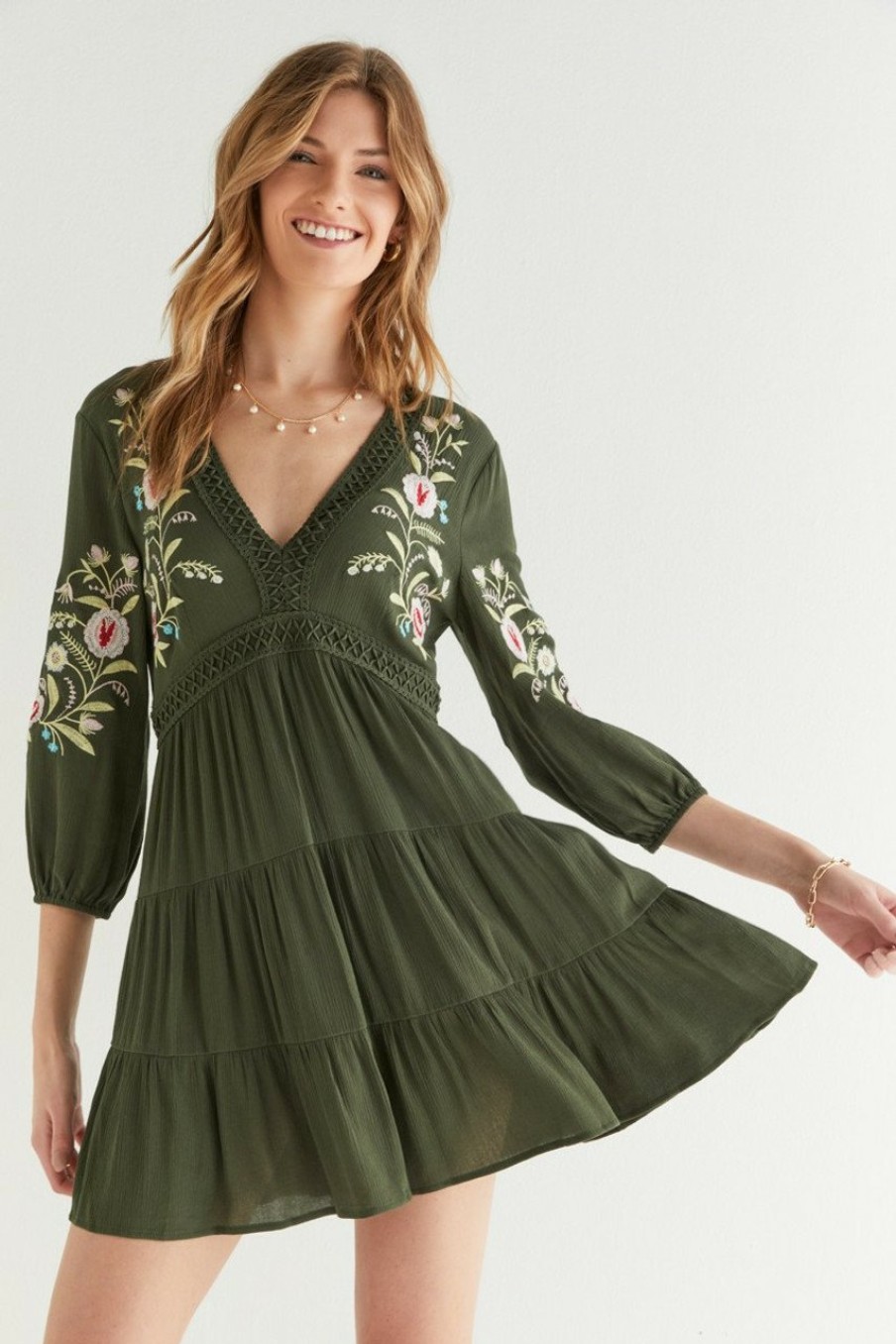 Francesca's Lessie Flower Embroidered Mini Dress Olive Green Dresses