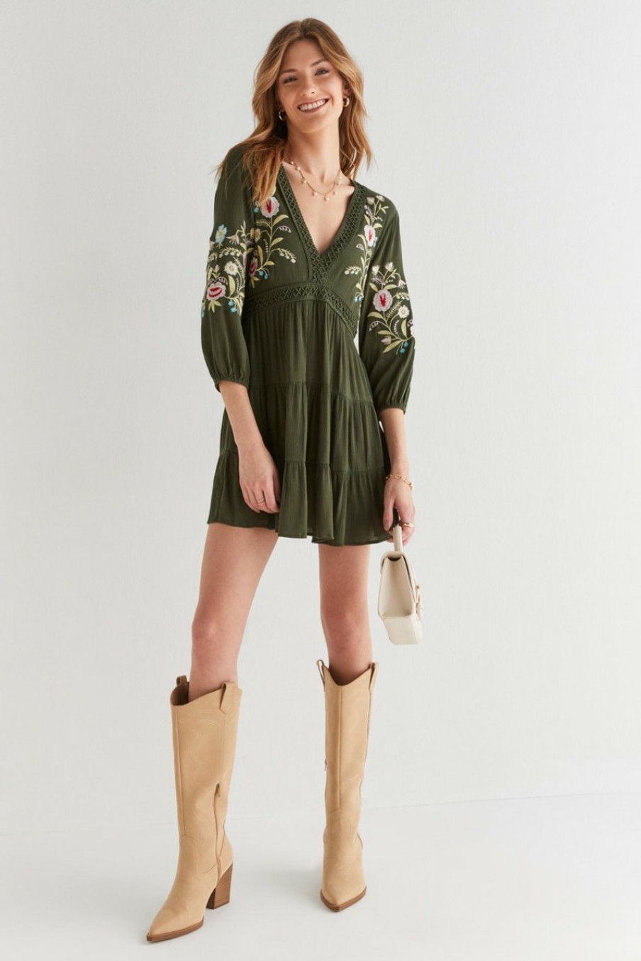 Francesca's Lessie Flower Embroidered Mini Dress Olive Green Dresses