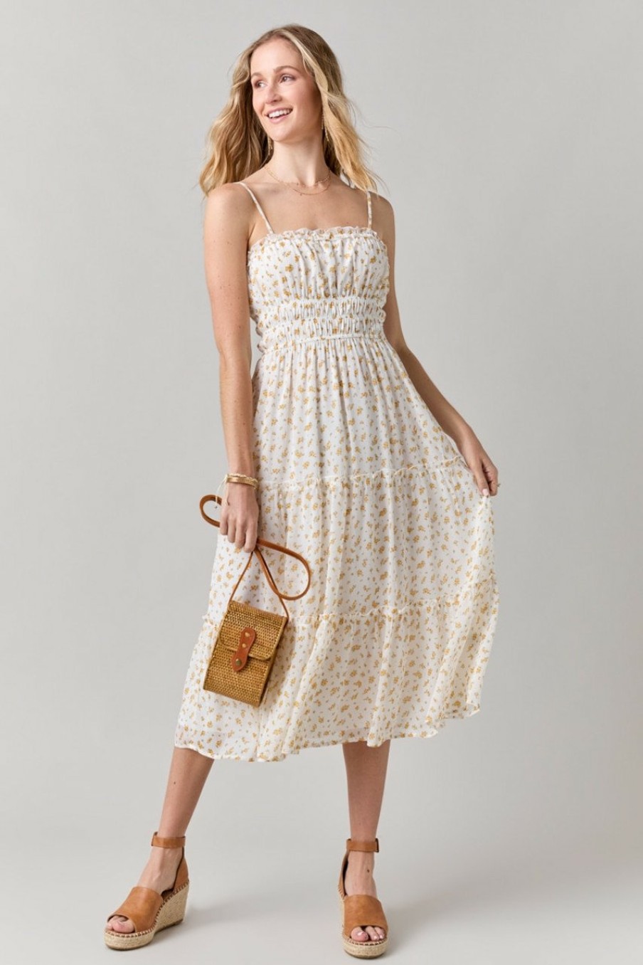 Francesca's Amelia Tired Floral Midi Dress White Dresses