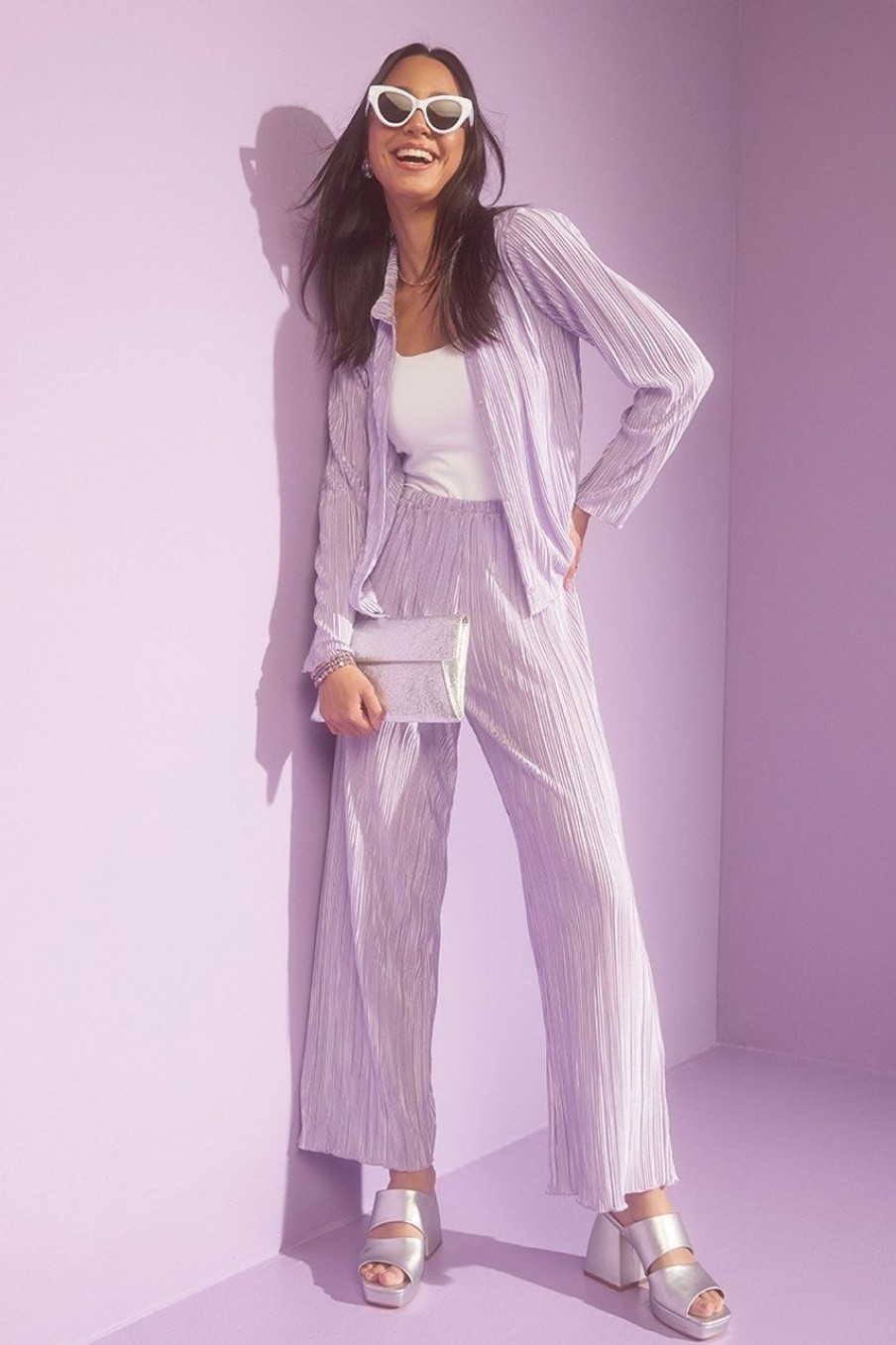 Francesca's Ella Plisse Fluid Wide Pants Lavender Pants