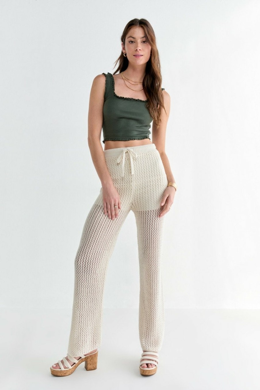 Francesca's Jannine Tie Waist Crochet Pants Beige Pants